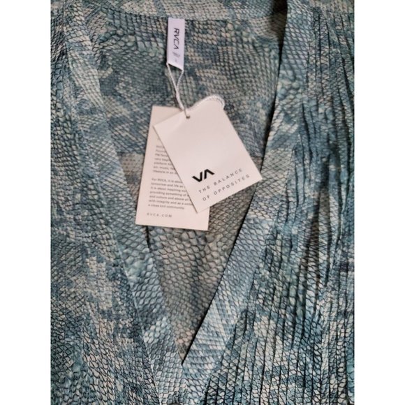 Nwt Rvca Sheer Snake Print Bluse W/ Flared Sleeves In Aqua Blue&Green Size Large - Picture 7 of 9